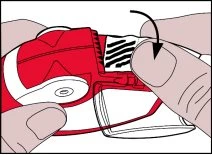Due mani tengono un dispositivo medico rosso e bianco mentre una freccia nera indica il movimento di rotazione verso il basso per l'apertura