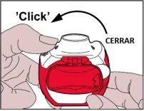 Due mani tengono un dispositivo medico rosso e bianco mentre una freccia curva indica il movimento di chiusura con la scritta Click e CERRAR