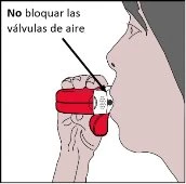 Profilo di un volto che usa un inalatore rosso con una freccia che indica di non bloccare le valvole d'aria del dispositivo