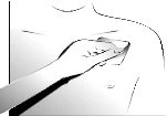 Disegno schematico di una mano che applica una medicazione o un cerotto sulla parte superiore del petto di un torso umano