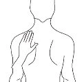 Line drawing of a man's torso with a hand placed on the chest and neck to indicate pain or discomfort in those areas