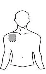 Disegno schematico del busto di un uomo con un cerchio tratteggiato che indica la posizione di un cerotto sulla parte superiore della spalla destra
