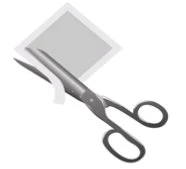 A pair of open scissors with metallic blades and black handles cutting through a light gray inclined sheet of paper