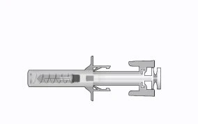 Technical drawing of a horizontal syringe with internal piston, seals, and contoured grip for