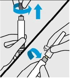 Diagram przedstawiający dwa etapy: obracanie górnej części pióra iniekcyjnego i odkręcanie urządzenia obiema rękami