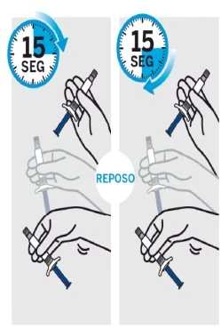 Diagram z czterema rękami trzymającymi strzykawki i ikonami niebieskich zegarów wskazującymi 15-sekundowe przerwy między etapami