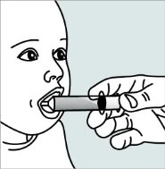 Disegno lineare di una mano che inserisce un applicatore cilindrico nella bocca aperta di un neonato per somministrare il farmaco