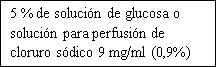 Text in Spanish on white background stating 5% glucose solution or 9 mg/ml (0.9%) sodium chloride infusion solution