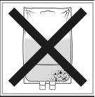 Stylized drawing of an infusion bag containing liquid with a large black cross over it indicating prohibition of use