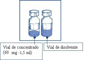 Technical drawing of two medical vials with labels indicating a 60 mg - 1.5 ml concentrate vial and a diluent vial