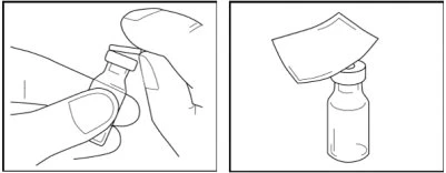 Two line drawings show a hand holding a vial to remove the cap and a second vial with the cap lifted off