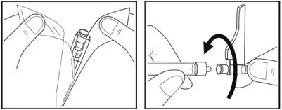 Two drawings show hands removing an injection pen from its packaging and then screwing it onto an application device with a curved arrow