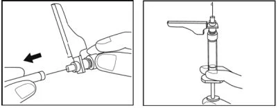 Technical drawing showing two stages: attaching a cartridge to a delivery device and then activating it
