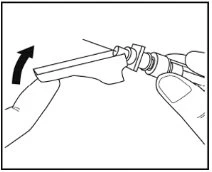 Two hands lift and rotate a medical device upward to disengage or prepare it for use