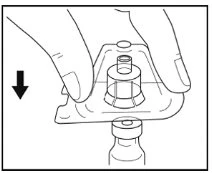 Two hands press a transparent plastic cap down over the neck of a glass vial, with a black arrow pointing downward