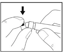 Two hands hold a cylindrical medical device while a black arrow indicates downward pressure on the top