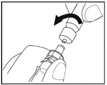 Black-and-white drawing showing a hand rotating the top part of a medical device to attach it to a cylindrical base