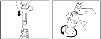 Two drawings show a hand pressing a syringe downward and a hand rotating a medication vial to mix the contents
