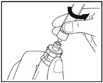 Two hands rotate a cylindrical medical device to attach the top part to an underlying container, indicated by a curved arrow