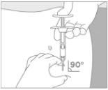Una mano tiene una siringa e la inserisce verticalmente a 90 gradi nella pelle dell'addome mentre l'altra mano pizzica la cute