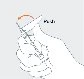 Disegno tecnico a linee tratteggiate che mostra una mano che impugna una siringa con un ago rivolto verso l'alto e una freccia curva arancione