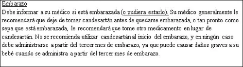 Spanish text on a white background warning of the risks of the drug candesartan during pregnancy and advising to consult a doctor