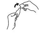 Disegno lineare di due mani che separano un tappo da una fiala di medicinale con una freccia curva che indica il movimento verso l'alto