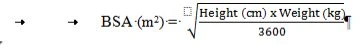 Mathematical formula for calculating body surface area BSA in square meters using the square root of
