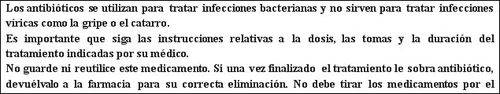 Text in Spanish about antibiotic use for bacterial infections, instructions on medical dosage, and warning not to keep leftover medication