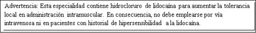 Warning text in Spanish on a white background indicating the presence of hydrochloride lidocaine and l