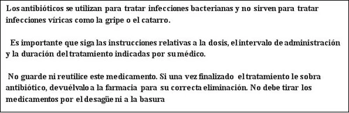 Testo in spagnolo su sfondo bianco che spiega l'uso degli antibiotici, l'importanza di seguire le dosi mediche e come smaltire il farmaco residuo