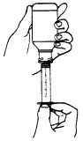 Black and white drawing of two hands manipulating a medicine vial connected to a syringe for withdrawing the contents