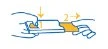 Technical drawing showing two hands pressing down on a medical device and then pulling it laterally to the right