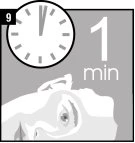 Analog clock with hand pointing at minute 1 and the label '1 min' above the face of a person looking toward the