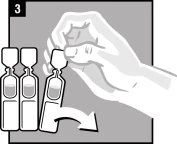 A hand grasping the cap of a medical vial among three similar vials, with an arrow indicating a downward tilting motion