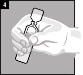 A hand holding and manipulating a glass vial with a press cap on a gray background with the number 4 in the