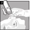 A hand stretching the skin while a medical device is pressed toward the upper face, indicated by a downward arrow