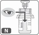 Diagramma che mostra un occhio che osserva l'etichetta di un flacone medico con una freccia rivolta verso il basso che indica l'etichetta stessa
