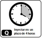 Icona di un orologio analogico con una sezione grigia che indica un intervallo di 4 ore e la scritta in spagnolo iniettare entro 4 ore