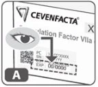 Діаграма, що показує око, яке дивиться на QR-код, а також номер партії та термін придатності на упаковці лікарського засобу Cevenfacta