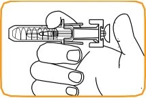 Disegno in bianco e nero di una mano che impugna una siringa orizzontale con il pollice posizionato sul pistone per l'iniezione