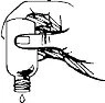 A hand holds an inverted medicine bottle from which a drop of liquid is falling downward