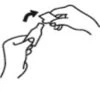 Line drawing showing two hands separating a cap or component from a vial with an upward motion