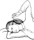 Black and white line drawing of a hand holding an applicator to administer medication on the top of the head of a lying person