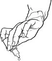 Line drawing of two hands holding a small tilted medical vial from which a drop of liquid is falling