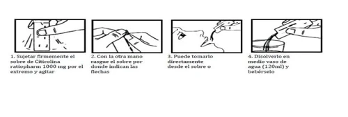 Four sequential illustrations show how to hold a sachet, tear it open, pour the powder into the mouth, or dissolve it in 120ml of water
