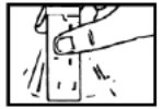 A hand pressing a finger on the top of a vertical white strip to apply pressure or manipulate the medical device