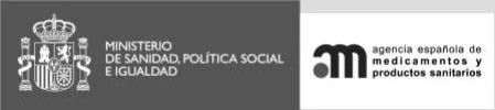 Logo del Ministero della Sanità, Politica Sociale e Uguaglianza spagnolo con stemma reale e logo dell'Agenzia Spagnola per i Medicinali e Prodotti Sanitari