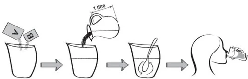 Diagramma che mostra di versare i componenti A e B in un contenitore, aggiungere un litro d'acqua, mescolare con un cucchiaio e bere il preparato