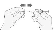 Two hands connecting a medical device to a container through a horizontal movement indicated by bidirectional arrows